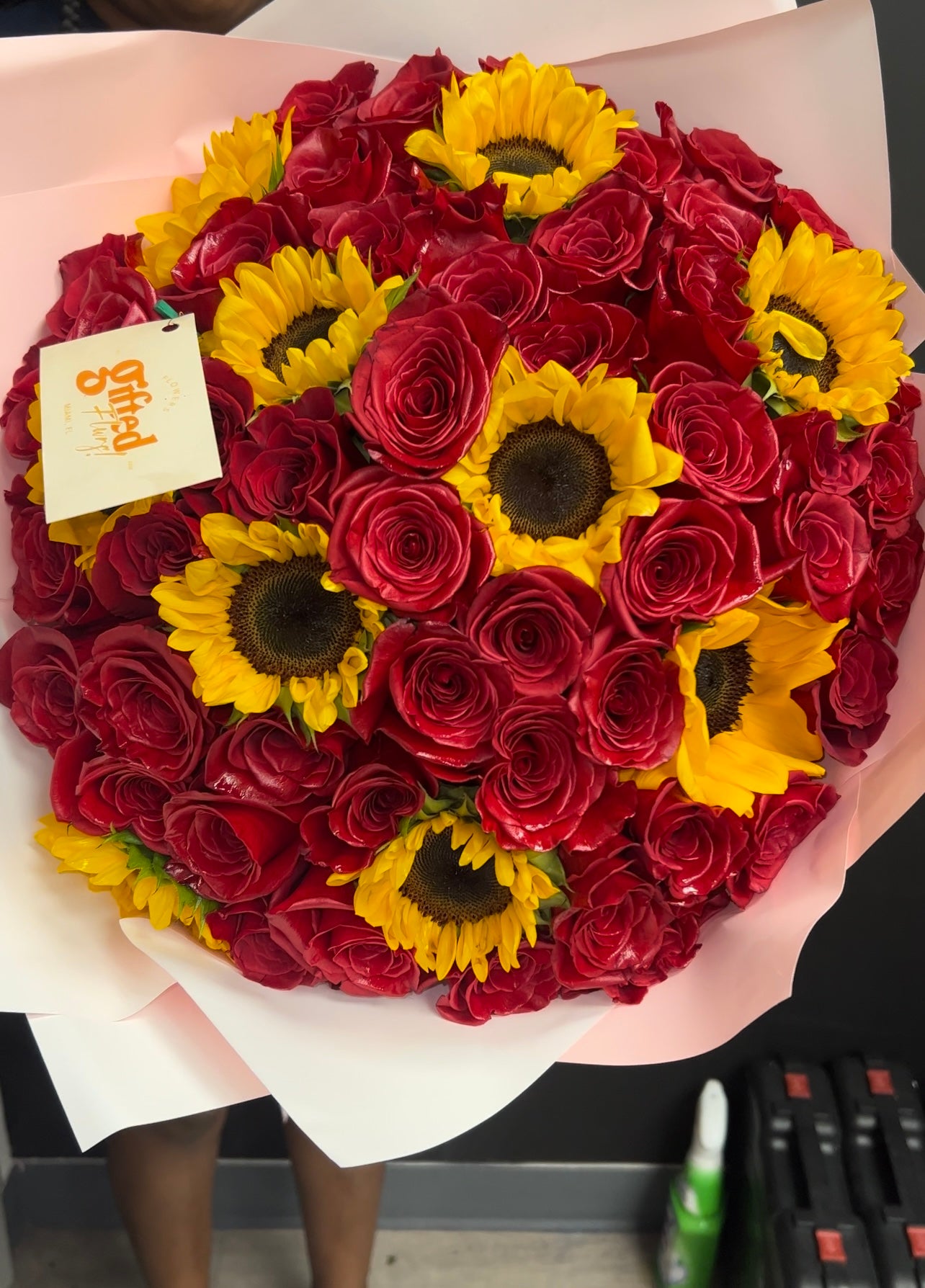 Sunlit Freedom Bouquet: Red Roses + Sunflowers