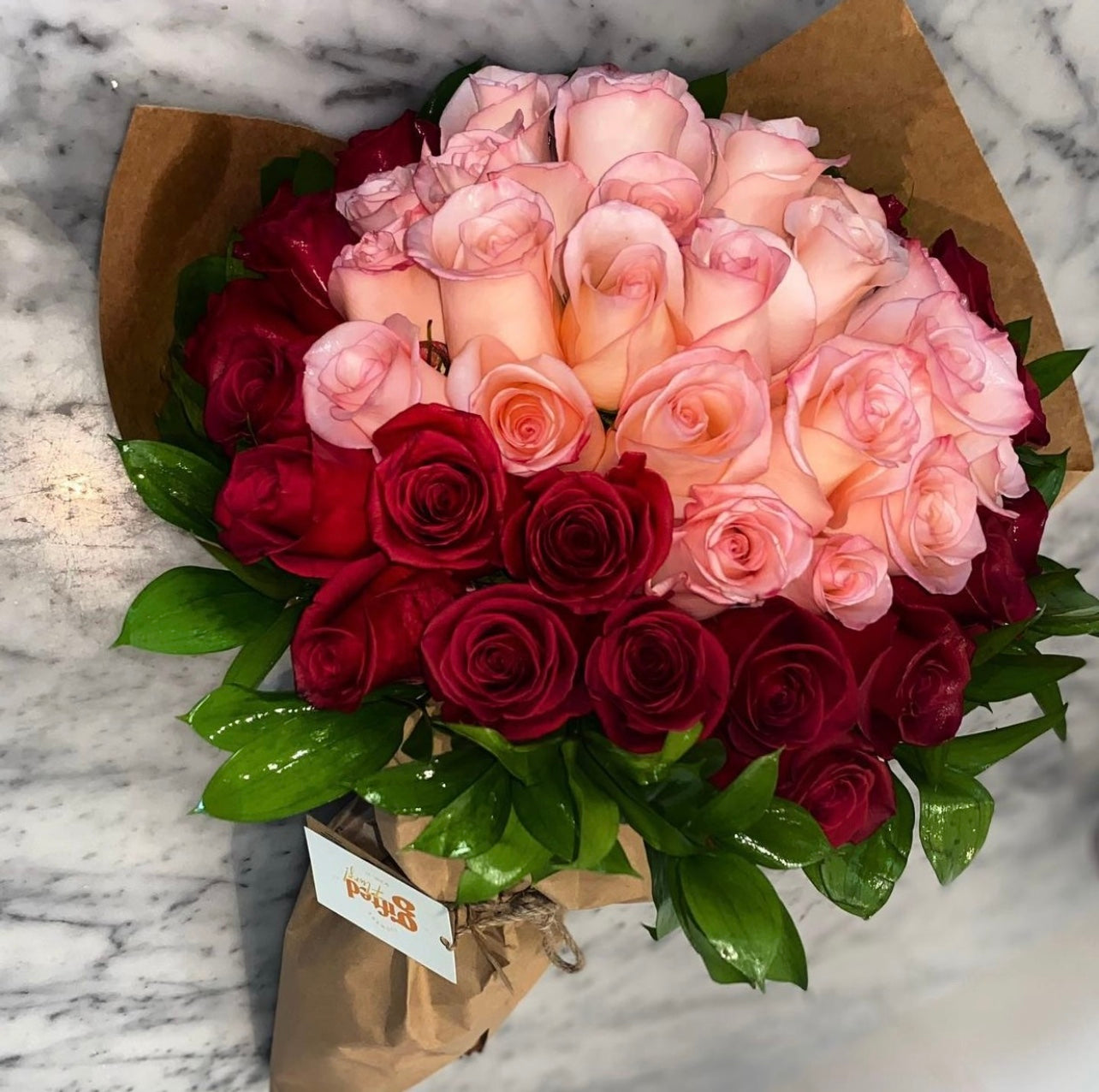 Light Pink + Red Ombre Rose Bouquet