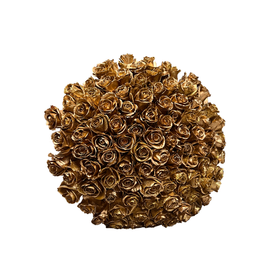 A breathtaking 24k Rose Bouquet by GiftedFLWR, featuring meticulously dipped roses in pure gold. This opulent arrangement exudes luxury and sophistication, making it an ideal choice for special occasions and extraordinary expressions of admiration. The radiant golden hues and lush greenery create a captivating composition, turning every moment into a regal affair.